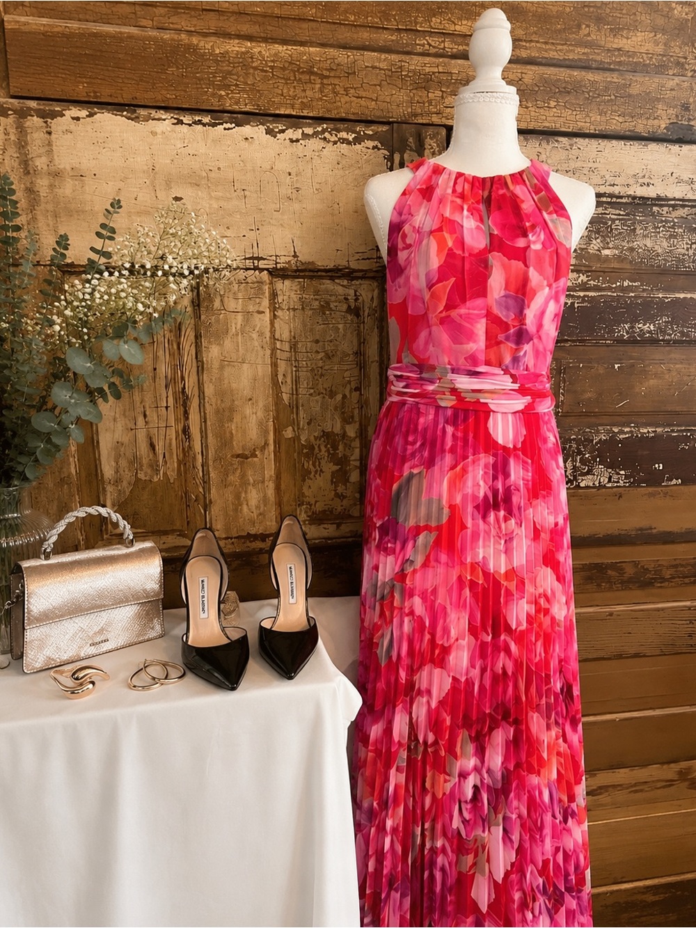 XSCAPE Pink Floral Pleated Maxi Dress | Formal Wedding Guest Dress | Size 12